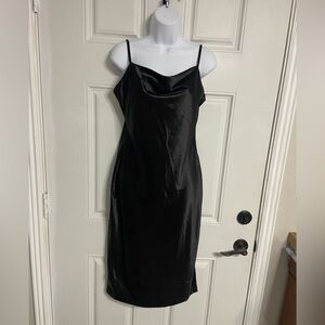 D1- XXXITICAT Black Satin Cowl Neck Spaghetti Strap Dress